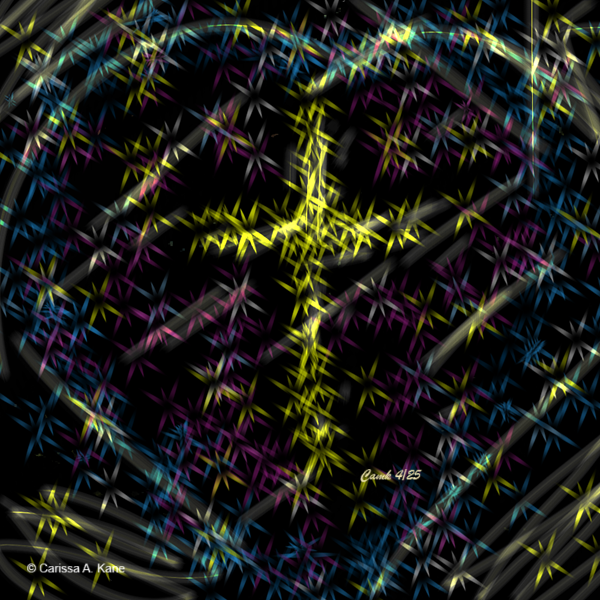 Cross inside a heart, creating bursts of light.