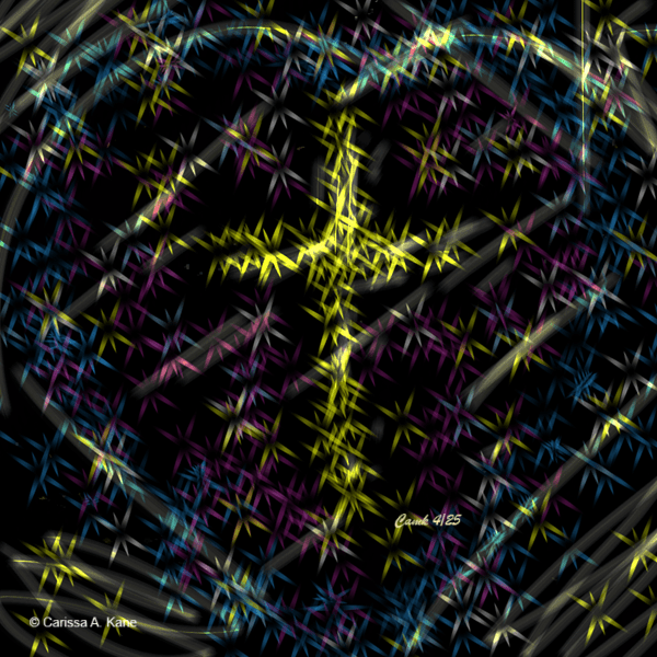 Cross inside a heart, creating bursts of light.